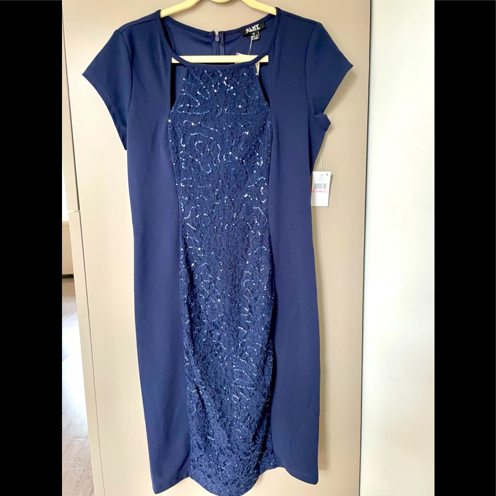 SLNY Navy dress, lace & beads down center, size 10, zipper back, new with tags